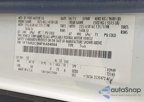 2015 Ford Transit-250 z USA, uszkodzony, nr VIN 1FTNR2CM4FKA84584